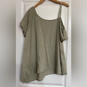 Free People Off the Shoulder Asymmetrical Light Green Relaxed Tee